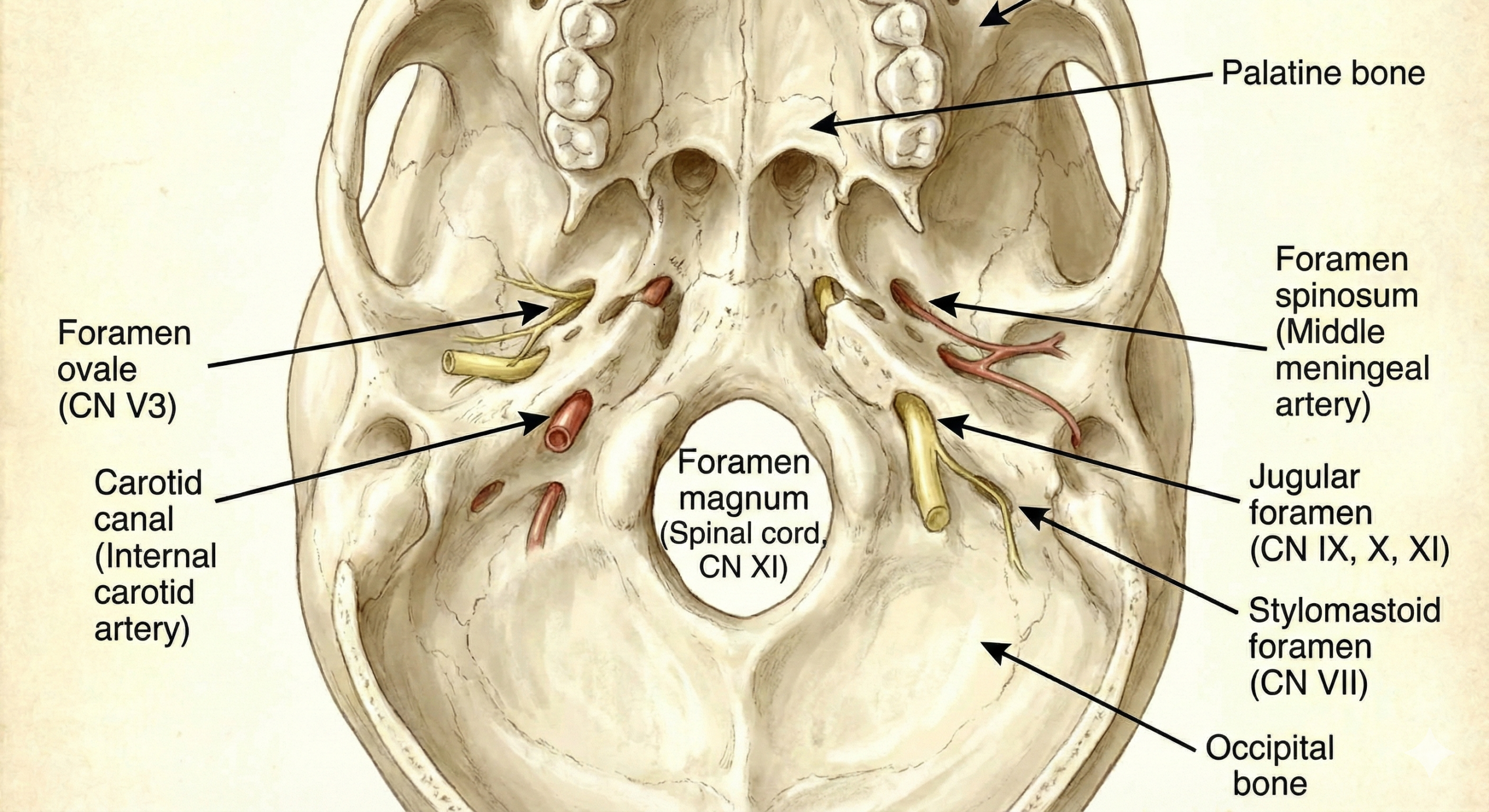 Diagram of skull base foramina and their contents