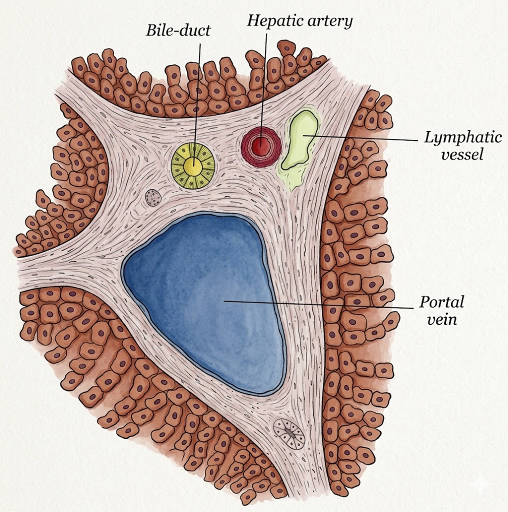 Liver histology showing sinusoids, hepatocytes, portal triad and central vein