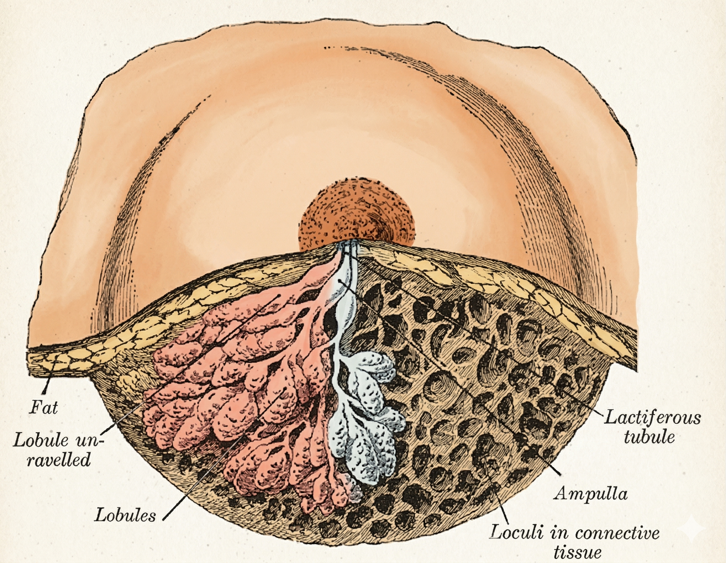 Breast anatomy diagram showing boundaries, lobes, ducts, Cooper's ligaments, and key structures